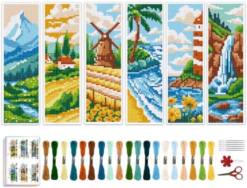 ACRNIGHEET 6pcs Cross Stitch Bookmark Kits, Landscape DIY Cross Stitch Bookmarks, Embroidery Bookmark Cross Stitch Kits with Scenery Pattern, Stamped Cross Stitch Kit Bookmark for Beginners Adults by ACRNIGHEET
