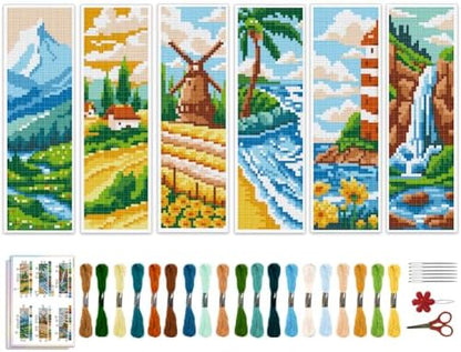ACRNIGHEET 6pcs Cross Stitch Bookmark Kits, Landscape DIY Cross Stitch Bookmarks, Embroidery Bookmark Cross Stitch Kits with Scenery Pattern, Stamped Cross Stitch Kit Bookmark for Beginners Adults by ACRNIGHEET