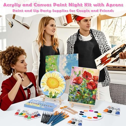 Date Night Painting Kit, 62 Pcs Detail Paint Brushes Canvas Panels with Wood Easel 12 Colors Acrylic Paint, Circular Canvas Art Aprons Sip and Paint Supplies for Adults and Beginner - Image 6