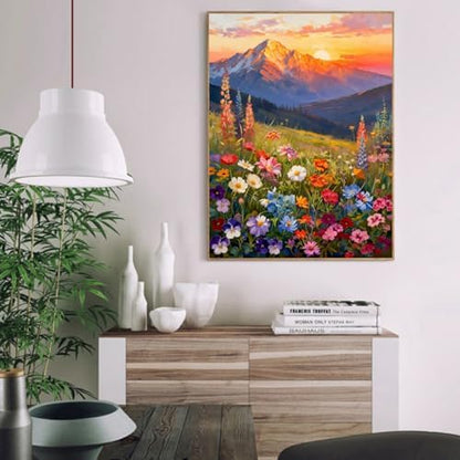 Clendo Landscape Paint by Numbers Kit for Adults Beginner, Flower Mountain Adult Paint by Number Kits on Canvas, Sunset Oil Painting Kit for Beginners Gift Home Wall Decor 16x20 Inch - Image 4