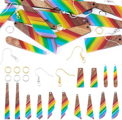 Elecrelive 7 Pairs Rainbow Wooden Dangle Earrings Kit Stripe Wood Charms with Earring Hooks Triangle Teardrop Wood Earring Pendants Resin Wood Charms for Jewelry Craft Making by EEEELECRELIVE