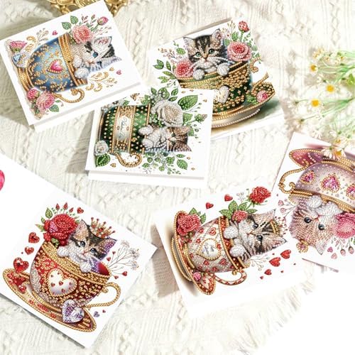 antor 6 Pack DIY Cat in Teacup Diamond Painting Greeting Cards with Envelopes – Cute Animal Rhinestone Art Craft Kit, Handmade Crystal Card Set, Diamond Art Kits for Adults - Image 6