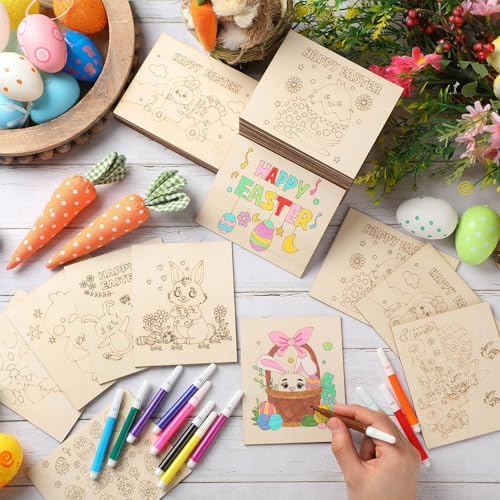 Soulchen 60 Pcs Large Easter Painting Crafts for Kids 4.7 x 3.9 Inch Unfinished Wood to Paint for Adults Bulk DIY Wooden Arts Kit for Coloring Bunny Eggs Flowers Ducks Crafts with 12 Crayons - Image 3