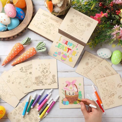 Soulchen 60 Pcs Large Easter Painting Crafts for Kids 4.7 x 3.9 Inch Unfinished Wood to Paint for Adults Bulk DIY Wooden Arts Kit for Coloring Bunny Eggs Flowers Ducks Crafts with 12 Crayons - Image 3