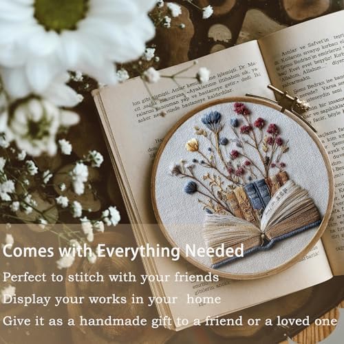 FONNUY Embroidery Kit for Beginners, Flower Book Pre-Stamped Pattern Kits for Adults with Hoop, Cross Stitch Easy to Follow Color Thread Needlework, 8'' Hoop (Blue) - Image 2