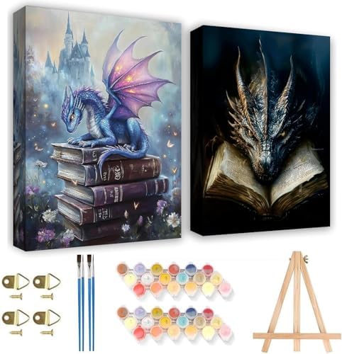 KYOQFVN 2 Pack Dragon Paint by Number Kits for Adults with Frame - Adult Paint by Numbers Kit on Canvas with Wooden Easel, Easy Acrylic Paintng by Numbers for Home Wall Decor8x12inch by KYOQFVN