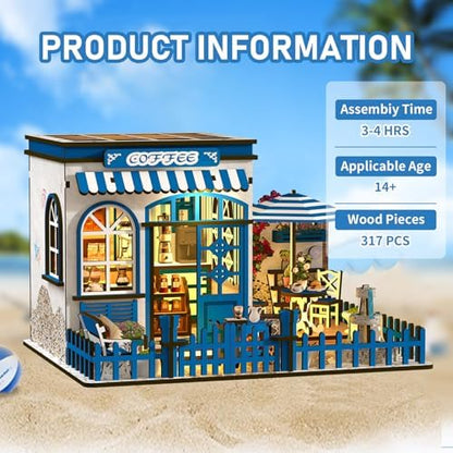 DIY Miniature Dollhouse Kit with Touch LED Light, 3D Wooden Puzzle Santorini Cafe Model, Creative Ocean Style Building Set, Arts and Crafts Gift for Adults (317 Pcs) - Image 2