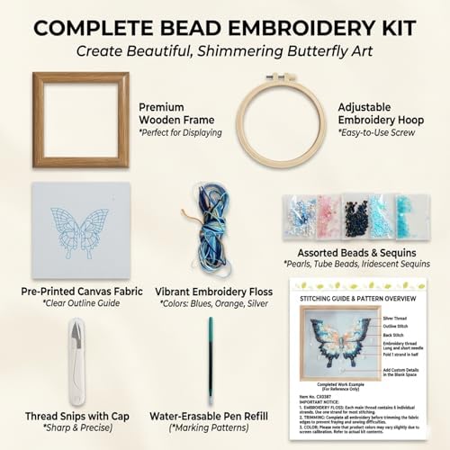 LKTEE Butterfly Bead Embroidery Kit, Hand Embroidery Starter Kit for Beginners Adults with Wooden Frame, Beaded Embroidery Kits DIY Craft Sewing Supplies for Gift Home Decoration (Blue) - Image 4