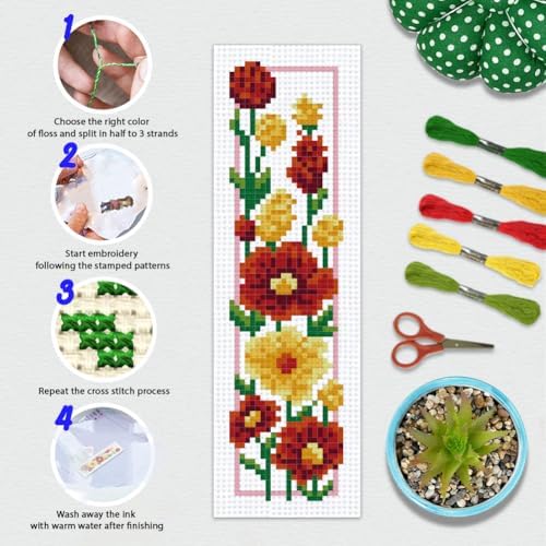 BEUNITONE 6 Set Floral Bookmark Cross Stitch Kits for Beginners with Instructions Floral Bookmarks Cross-Stitch Kit Stamped Embroidery Bookmark DIY Crafts Book Marker for Book Lovers 8''x2.4'' 11CT - Image 5