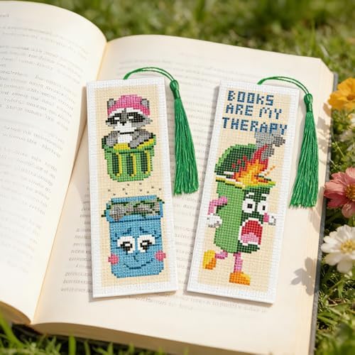 INFUNLY 6 Pcs Funny Trash Can Cross Stitch Bookmark Kit Raccoon Quotes Counted Embroidery Book Mark with Tassels, Complete DIY Cross Stitch Kit Thread Needles Scissors for Reading Gifts - Image 6