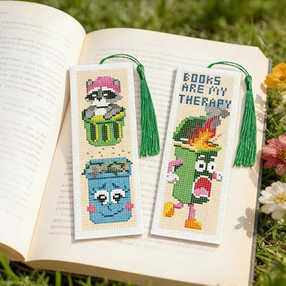 INFUNLY 6 Pcs Funny Trash Can Cross Stitch Bookmark Kit Raccoon Quotes Counted Embroidery Book Mark with Tassels, Complete DIY Cross Stitch Kit Thread Needles Scissors for Reading Gifts - Image 6