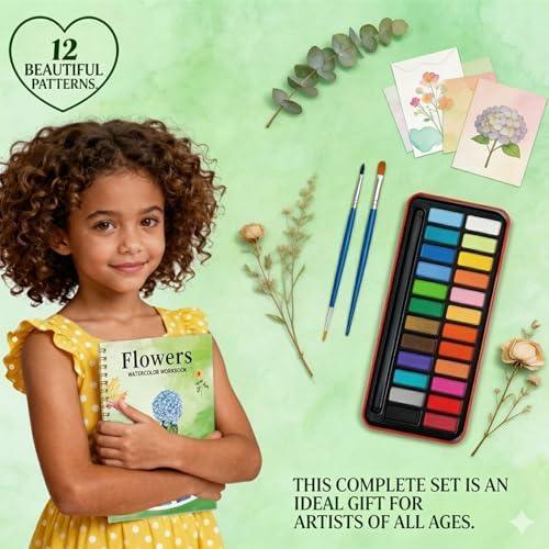 Watercolor Workbook for Beginners - 24 Colors Paint Set & Coloring Book, All-in-One Watercolor Painting Kit, Artistic Exploration Gift for Adults and Teens (Flowers) - Image 5