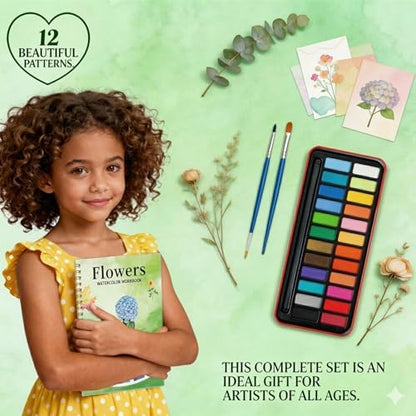 Watercolor Workbook for Beginners - 24 Colors Paint Set & Coloring Book, All-in-One Watercolor Painting Kit, Artistic Exploration Gift for Adults and Teens (Flowers) - Image 5