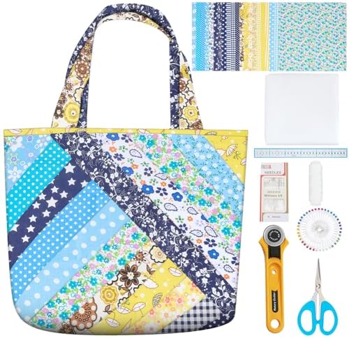 WEBEEDY DIY Bag Quilted Kit Stripes Tote Bag Quilted Starter Kit with Video Tutorial for Beginners Adults Handmade Bags Making with 21 Colors Square Fabrics Instructions and Complete Quilting Tools by WEBEEDY