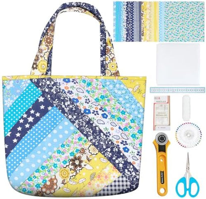 WEBEEDY DIY Bag Quilted Kit Stripes Tote Bag Quilted Starter Kit with Video Tutorial for Beginners Adults Handmade Bags Making with 21 Colors Square Fabrics Instructions and Complete Quilting Tools by WEBEEDY