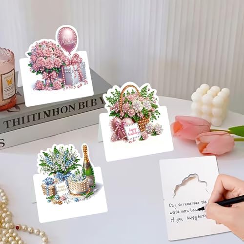 jinglinhh 6pcs Diamond Art Painting Birthday Flower Cake Greeting Cards with Envelopes, DIY Card Making Kits for Adults, Diamond Art Postcards Christmas Cards Craft Gifts - Image 6