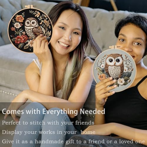 FONNUY Embroidery Kit for Beginners, Owl Flowers Pre-Stamped Pattern Kits for Adults with Hoop, Easy to Follow Color Thread Needlework, 8'' Hoop (Black) - Image 4