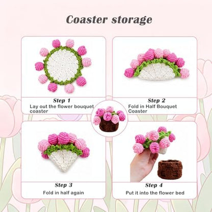 Yarniss Beginners Crochet Kit, Tulip Flower Coaster Set w/Video Guide - Image 3