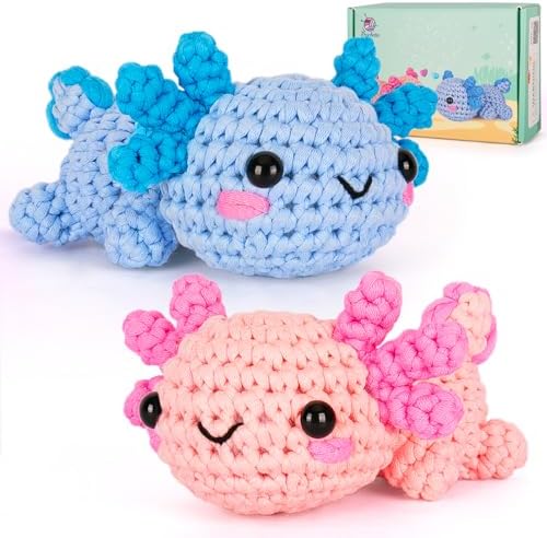 Crochetta Crochet Kit for Beginners, Beginner Crochet Starter Kit w Step-by-Step Video Tutorials, Learn to Crochet Kits for Adults Women Men, DIY Knitting Supplies, Axolotls (Blue and Pink) by Crochetta