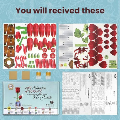 Jege 3D Flowers Wooden Puzzles for Adults, DIY Building Set with 2 Flowers, 2 Perfume Bottles & Diffuser Sticks, Creative Craft Gifts & Home Decor (Rose + China Rose) - Image 6