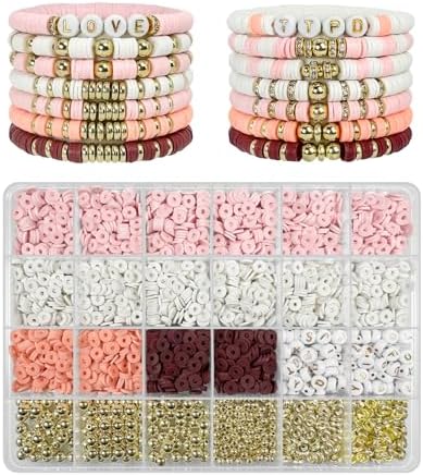 ClaBead Bracelet Making Kit - 3200Pcs Clay Beads With Gold and Letter Beads for Friendship Bracelets (Cute Pink) by ClaBead