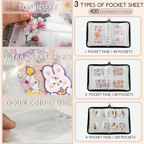 5-in-1 Sticker Organizer Book Reusable A5 Storage Binder with 220 Pockets,10 Release Papers, Zipper Album Sticker Collecting Display Keeper (Black, Pack of 2) - Image 5