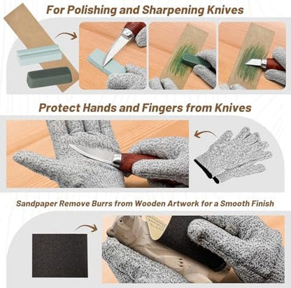 Wood Carving Kit, Wood Carving Tools Set with Carving Knives Detail Knives Basswood Blocks Gloves Polishing Compound Coloring Set, Wood Whittling Kit for Beginners DIY Hobbies for Adults - Image 6