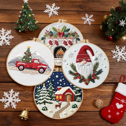 BBLYBD Christmas Embroidery Kit, 4 Set Embroidery DIY Starter Kit, Cross Stitch Kits with Pre-Printed Embroidery Fabric, Hoops, Step-by-Step Instructions, Color Threads & Needles (Christmas-4 Set) - Image 2
