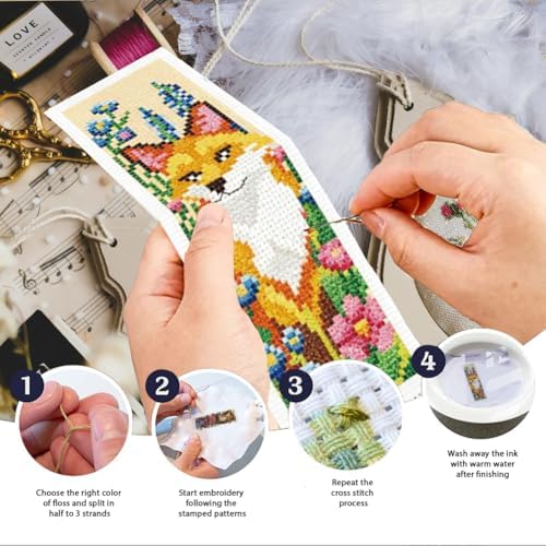 INFUNLY 6Pcs Animal Cross Stitch Bookmark Kit 3x8.5 Inch Stamped Embroidery Kit for Adults with Backing Felt Floss Pre Printed Fabric Needlepoint Bookmark Set DIY Craft Gift for Readers Writers - Image 4
