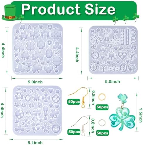 3 Pack Shamrock Silicone Resin Earring Molds, Lucky Straw Shape Earring UV Molds Epoxy Resin Casting Mold with 200Pcs Earring Hook for St Patrick's Day Keychain Jewelry Pendant DIY Supplies - Image 2