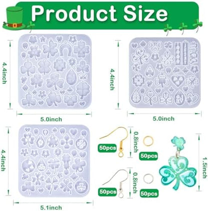 3 Pack Shamrock Silicone Resin Earring Molds, Lucky Straw Shape Earring UV Molds Epoxy Resin Casting Mold with 200Pcs Earring Hook for St Patrick's Day Keychain Jewelry Pendant DIY Supplies - Image 2