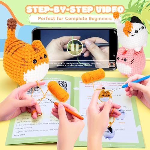 Crochet Kit for Beginners-4PCS Cat Crochet Kits for Adults, Teacher Appreciation Gifts, Crochet Starter Kit with Step-by-Step Video Tutorials, Crochet Animals Kits DIY Craft Kit Learn to Crochet Kits - Image 2