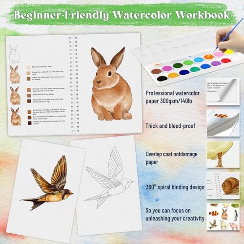Beginners Watercolor Workbook for Adults, Step-by-Step Coloring Book Set - Image 3