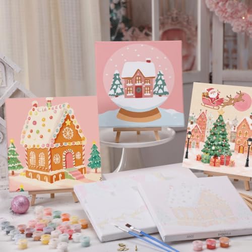 YooNotee 12 Pack Valentine's Day Paint by Numbers Kit - 8 x 8 Inches Pink Themed DIY Canvas with Wooden Display Easel, Brushes and Paints 6 Designs for Adults Family Holiday Decor - Image 5