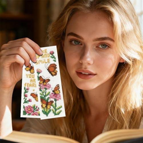 INFUNLY 6pcs Butterfly Quotes Cross Stitch Bookmark Kit DIY Embroidery Starter Set 3x8.5 Inch Cotton Linen Pre-Printed Fabric 14 Colors Floss Backing Felt Needles Threader Instructions for Book Lovers - Image 7