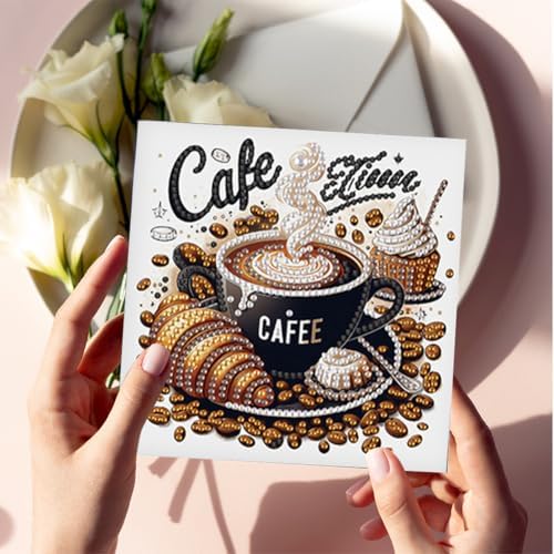 6 Pcs 5D DIY Diamond Painting Greeting Card Kit Coffee Afternoon Tea, Diamond Art Christmas Birthday Holiday Greeting Card, Art Crafts Kit Creative with Envelope - Image 4