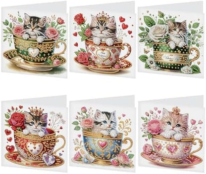 antor 6 Pack DIY Cat in Teacup Diamond Painting Greeting Cards with Envelopes – Cute Animal Rhinestone Art Craft Kit, Handmade Crystal Card Set, Diamond Art Kits for Adults by antor
