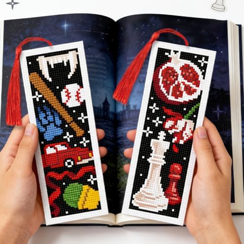 INFUNLY 6 Pack Cross Stitch Bookmark Kits Gothic Wolf Fruit Chess Pattern Embroidery Book Mark with Tassel DIY Counted Cross Stitch Supplies with Threads Needles Scissors for Book Lovers - Image 7