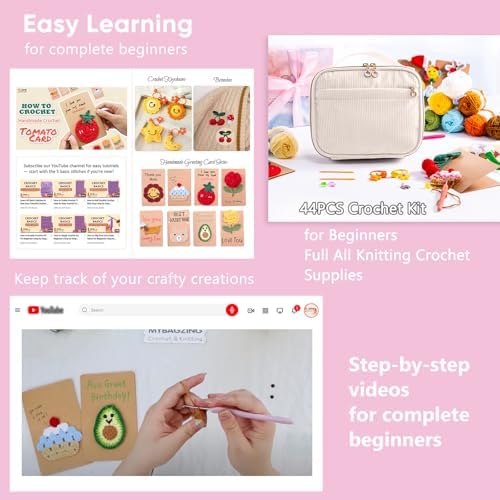 MYBAGZING Crochet Kit for Beginners, Complete Starter Set with Yarn, Ergonomic Crochet Hooks, Needles, Crochet Accessories and Suppliers for Crochet Beginner Projects, Knitting Kit for Adult - Image 5