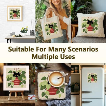 DOODLREAM Hanging Pothos Plant Cat Needle Kit for Beginner, 9.4"x 9.4" Boho Houseplant Punch Stitching Craft Set, DIY Embroidery Starter with Printed Frame, Instruction, Threader, Yarn, Punch Needle - Image 5