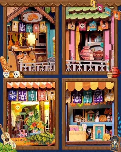 CUTEBEE Book Nook Kit - Mexican Fiesta DIY Miniature Dollhouse, Vibrant LED Bookshelf Decor Alley Model for Adults Teens, Gifts for Family and Friends（Plaza de Los Muertos） - Image 6