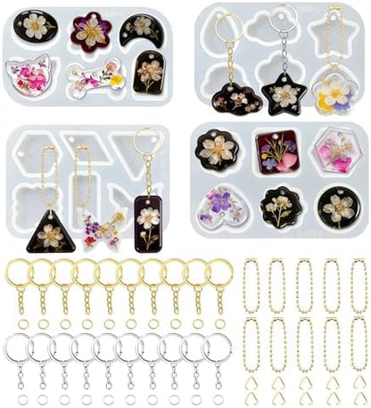 RESIN GO 64Pcs Rounded Edge Resin Jewelry Molds, 4 Styles Keychain Resin Molds Silicone with Hole, Arc Edge Pendant Silicone Molds for Epoxy Resin Jewelry, Earring, Necklace, Keychain Making Kit by RESINGO
