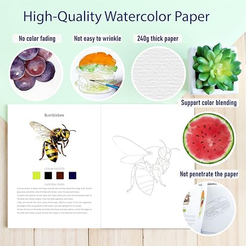 CraftyManor 2Pcs Watercolor Workbook Creative Water Color Paint Book Set with Paints & Brush, 12 Patterns of Original DIY Designs, Beginner-Friendly Adult Coloring Books (Insect & Mushroom) - Image 4