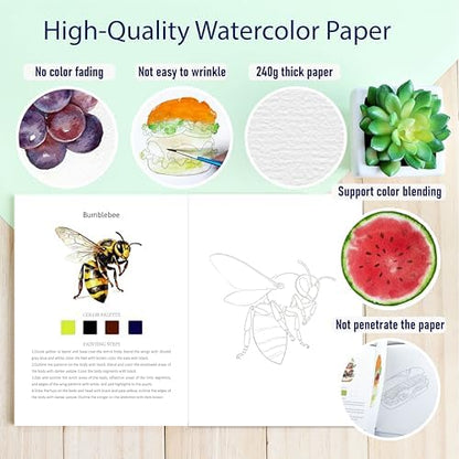 CraftyManor 2Pcs Watercolor Workbook Creative Water Color Paint Book Set with Paints & Brush, 12 Patterns of Original DIY Designs, Beginner-Friendly Adult Coloring Books (Insect & Mushroom) - Image 4