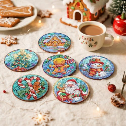EWJRNSF 6 PCS 5D Diamond Painting Coasters Kits with Holder, Small Diamond Art Kits for Adults Beginners Diamond Dots Arts and Crafts Gems Supplies Item Christmas Style - Image 5