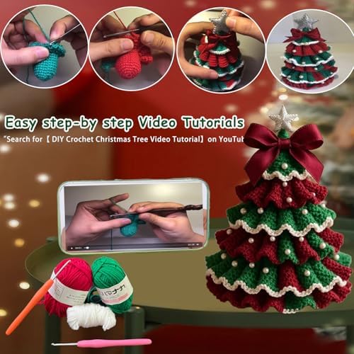 PMDYBY DIY Crochet Christmas Tree Kit,2026 News Crochet Christmas Ornaments,Beginner Christmas Kit,Tree Bow Pearl Embellishment,ChristmasCraftKit with Yarn Hook Beads Instructions(Red & Green) - Image 3