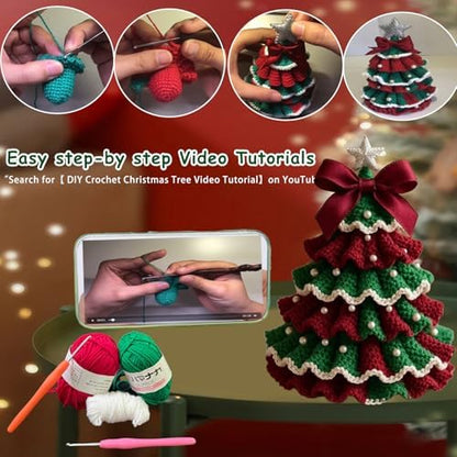 PMDYBY DIY Crochet Christmas Tree Kit,2026 News Crochet Christmas Ornaments,Beginner Christmas Kit,Tree Bow Pearl Embellishment,ChristmasCraftKit with Yarn Hook Beads Instructions(Red & Green) - Image 3