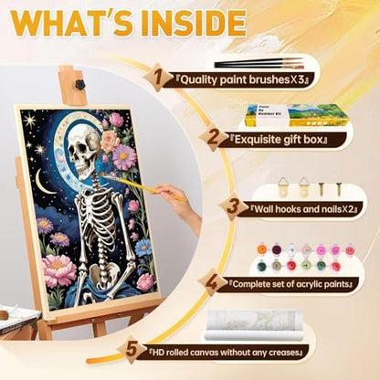 Qaisxoty Paint by Numbers Kit for Adults Beginners, DIY Skull Paint by Numbers Kit on Rolled Canvas, Easy Acrylic Painting by Number Kit for Home Decor Gift - 12” x 16” - Image 7