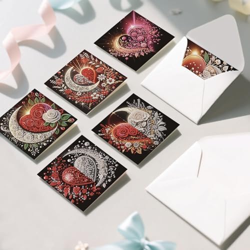 6Pcs Diamond Art Painting Cards Kit Heart Moon Rose Greeting Card - Image 6