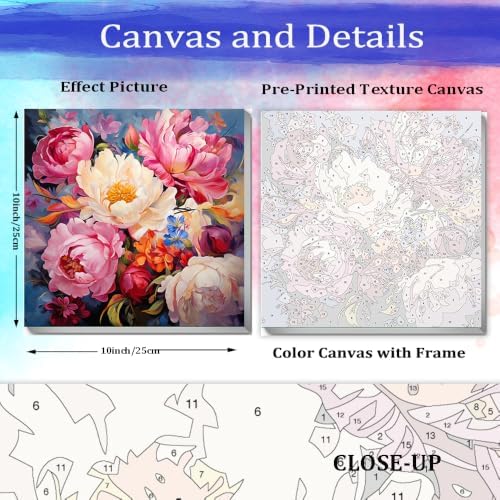 JUJUHOOD Peony Flowers Paint by Numbers Kit for Adults Beginner & Kids Ages 8-12,Abstract Flower Paint by Number Without Easel, Acylic Paint by Numbers for Gift Home Wall Decor 10x10Inch - Image 3